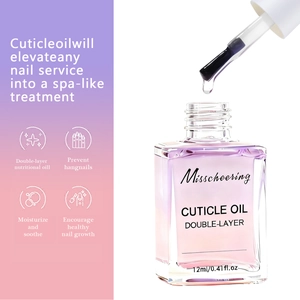 Detail of 12ml glass bottle cuticle oil showing nourishing liquid drop for nail repair