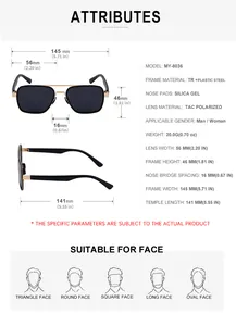 Detailed size specifications for square polarized sunglasses with lens and frame measurements