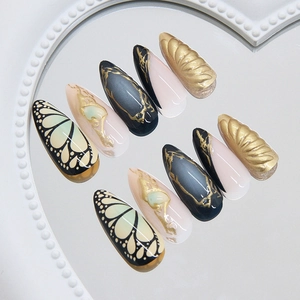 3D French wave press on nails with gold foil marble texture and 3D butterfly art
