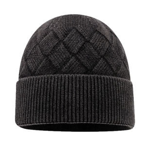 Dark gray knitted beanie with diamond weave pattern and thick ribbed cuff for winter warmth