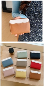 Collage of colorful PU leather coin purses with wavy edges and zipper closure