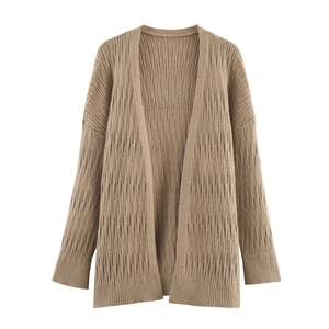 Detailed close-up of khaki knitted cardigan showing textured ribbing and soft draping fabric