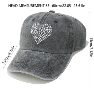 Detailed size specifications for a washed grey cotton baseball cap with rhinestone heart