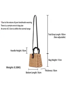 Sac de plage tressé avec perles en bois et fermoir en métal, dimensions et détails inclus