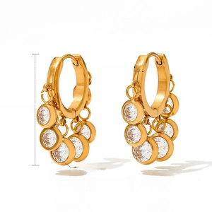 Detailed view of gold tassel earrings with zircon stones showing 26.5mm height dimensions