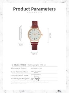 Detailed size specifications for women's quartz watch with red Milanese magnetic band