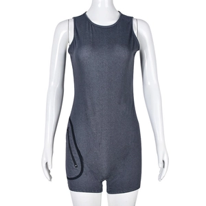 Close-up of arc zipper pocket on dark gray sleeveless denim stretch bodysuit