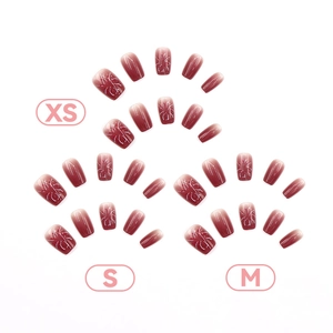 Gradient burgundy square press-on nails with white abstract lines in XS, S, M sizes