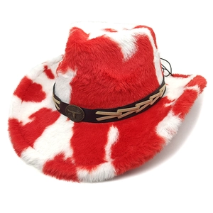 Cowboy hat with cow print faux fur pattern and vintage bull head metal buckle decoration