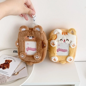 Cute plush animal card holder keychain featuring bear and cat designs with clear window