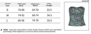 Detailed size chart for women's slim fit floral corset top with bust and waist measurements