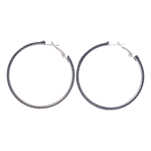 Navy blue polka dot denim fabric wrapped large hoop earrings with silver pins for women