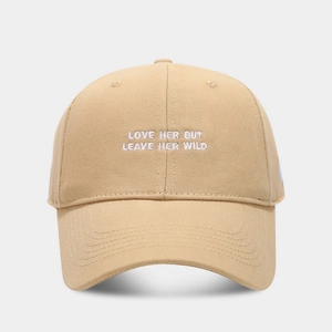 Khaki cotton baseball cap with embroidered lettering and heart on a neutral background
