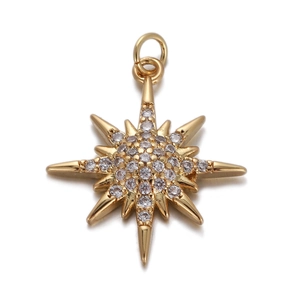 Detailed view of the gold star pendant featuring an eight-pointed design with tiny crystals