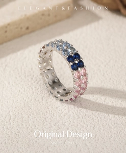 Macro shot of S925 sterling silver ring with double row of colorful pavé crystals