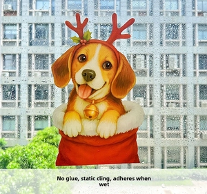 Detail of Christmas window cling featuring a cartoon beagle dog in a red gift bag