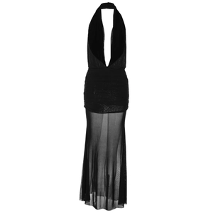 Detail of black halter neck dress featuring deep V-neckline and mesh overlay skirt