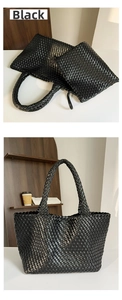 Detail of black woven tote bag and matching inner zipper pouch set with wide strap texture