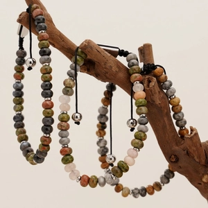 Men's natural stone beaded bracelets with adjustable cord and green granite stones