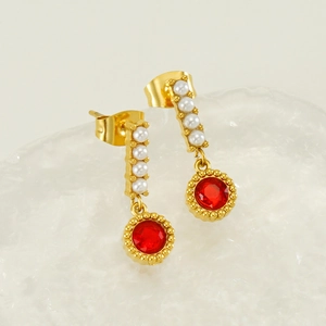 Vintage gold drop earrings with vertical pearls and round red gemstone accents