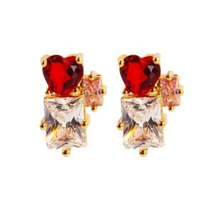 Elegant heart red zircon and emerald cut crystal gold earrings on white background