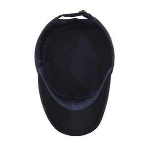 Top view of a navy blue cotton flat top military cap with adjustable metal buckle