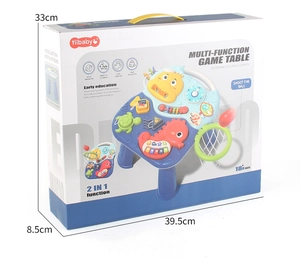Detailed packaging dimensions and box features for the 2-in-1 baby activity table toy