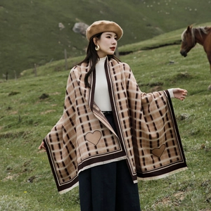 Women Winter Warm Plaid Scarf Tassel Heart Embroidery Long Shawl Soft Fashion Casual Daily Neck Scarf