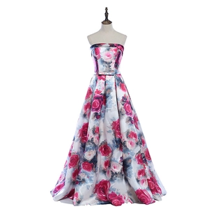 Abito Da Sera In Raso Senza Spalline Con Stampa Rose Linea Ad A Lunghezza Al Pavimento Con Lacci Sul Retro Per Donna Festa