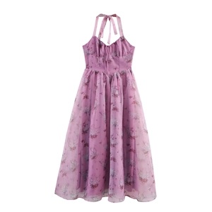 Women Halter Neck Maxi Dress Chiffon Floral Angel Print Smocked Back High Waist Summer Elegant