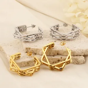 Titanium Steel Geometric Hexagon Multi Layer Earrings Interlocking Minimalist Modern Industrial Style Jewelry For Women