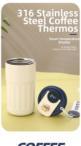 Macro view of 316 stainless steel liner on smart coffee mug with LED temperature display