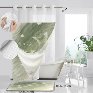 Waterproof bathroom set with green butterfly print shower curtain and matching non-slip bath mat