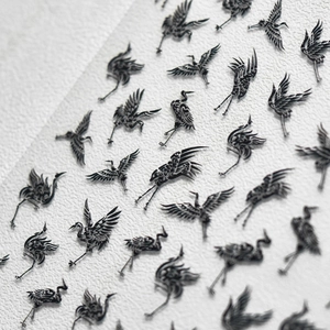 5D embossed nail stickers featuring vintage black and white phoenix and crane motifs
