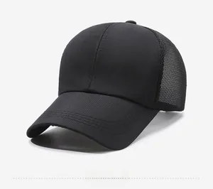 Detailed side view of breathable black mesh sport baseball cap with SPORT embroidery