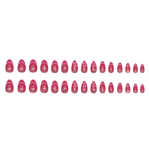 Pink almond press-on nails with gold glitter gradient and white ribbon bow patterns