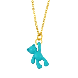 Close-up of minimalist golden chain with cute blue bear pendant in polished enamel finish