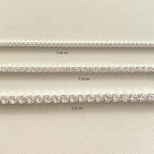 Comparison of 1mm, 2mm, and 3mm tennis chains showing width size variations clearly