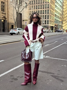Street style view of high neck color-block knit sweater with boots and handbag