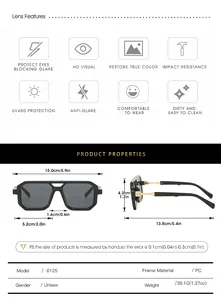 Size chart with dimensions for square double-bridge aviator sunglasses in PC material