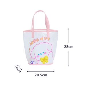 Detailed dimensions of cartoon PVC beach tote bag with cute dog print and pink handles
