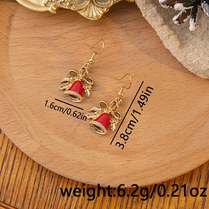 Detailed size view of festive red and gold Christmas bell earrings with measurement data