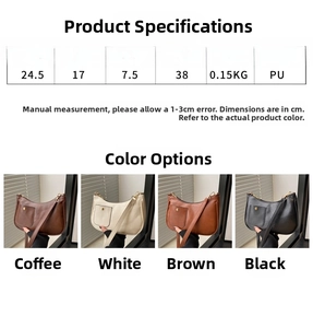 Size chart showing PU leather crescent bag dimensions and four available colors