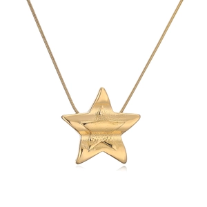 Detail of 18K gold-plated textured star pendant with a sleek snake chain necklace