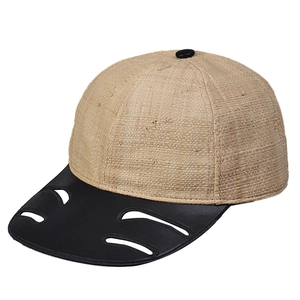 Raffia baseball cap with black leather brim and cutout details for men and women