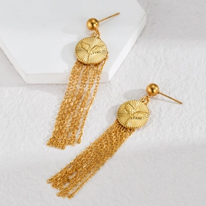 Vintage gold tassel leaf earrings in titanium steel for women with relief design