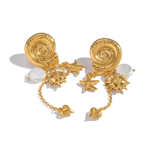 Golden spiral shell drop earrings with celestial sun star and pearl tassel charms