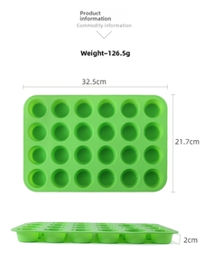 Detail view of 24-cup green silicone muffin mold with precise dimensions and weight