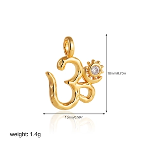 Detailed 18K gold Om pendant with clear zircon, showing 18mm height and 1.4g weight