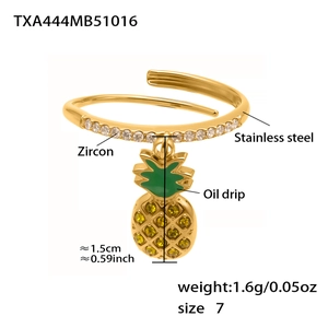 Diagramme de bague ananas dorée en acier inoxydable avec zircon et procédé de goutte d'huile